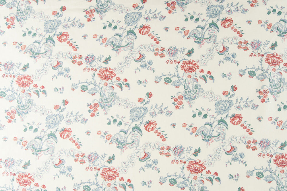 Bouquet floral linen - Blue/Coral colorway repeat