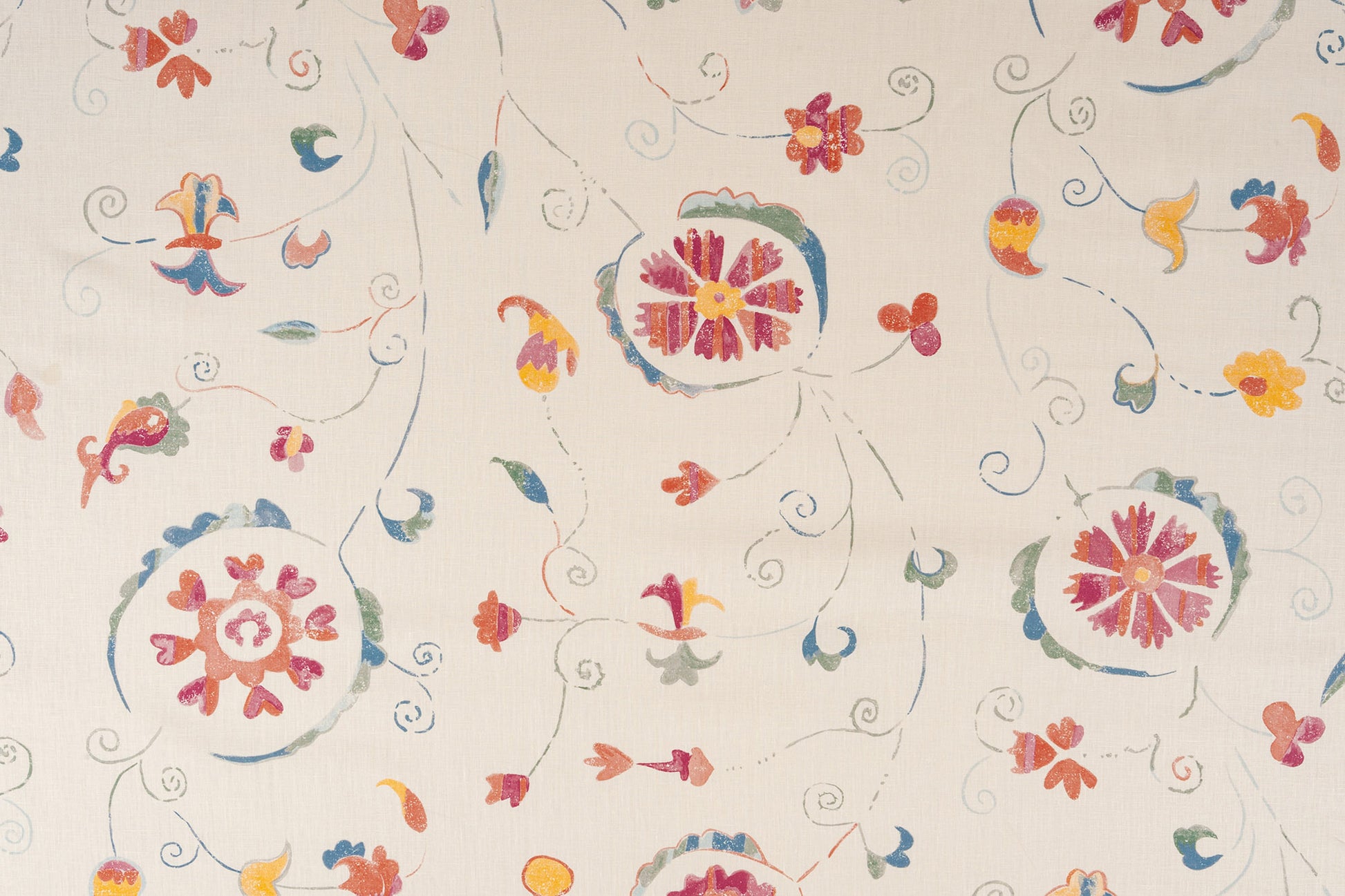 Bukhara Suzani floral linen - Multi-Color on Cream colorway repeat
