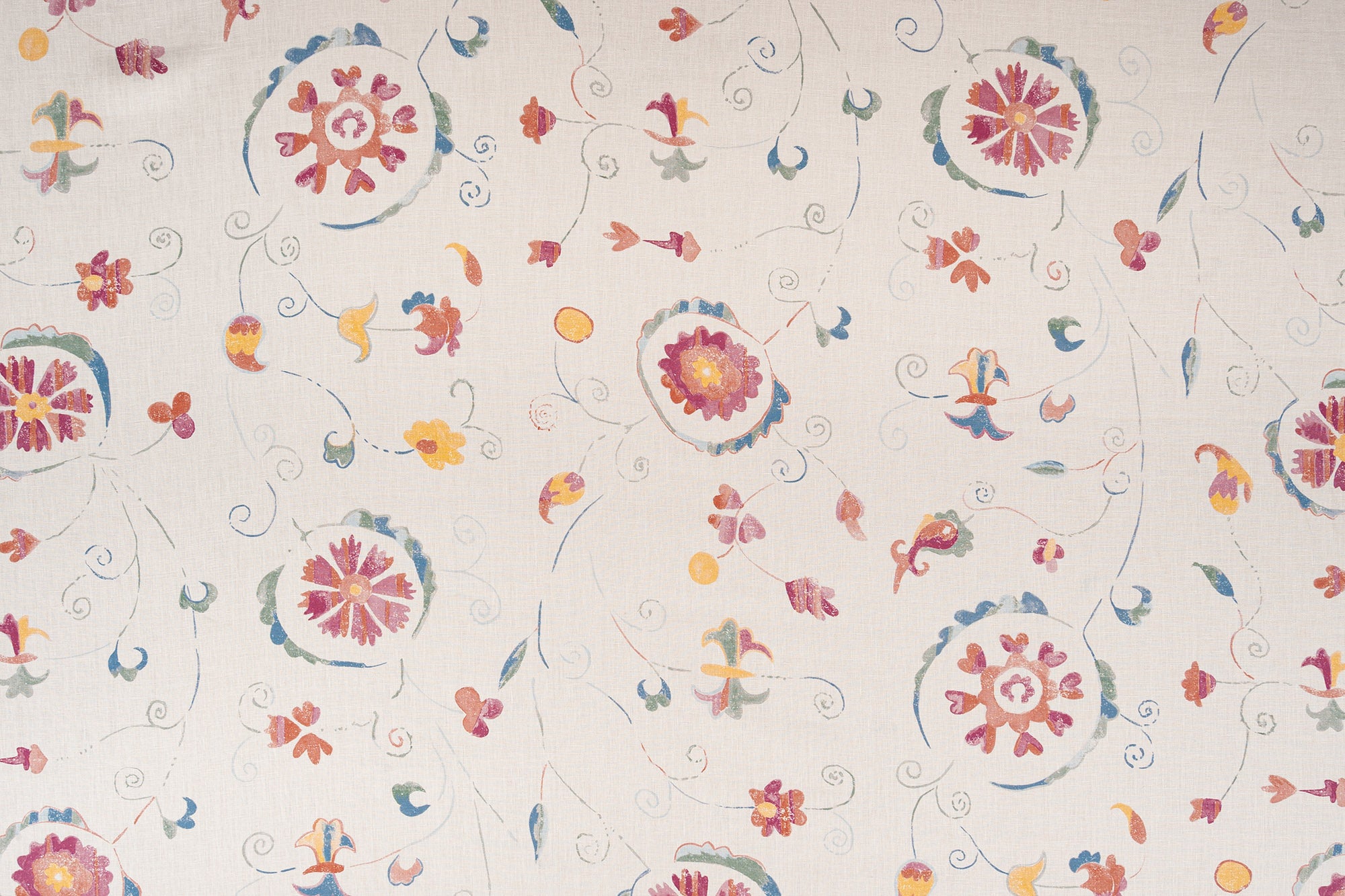 Bukhara Suzani floral linen - Multi-Color on Oatmeal colorway repeat