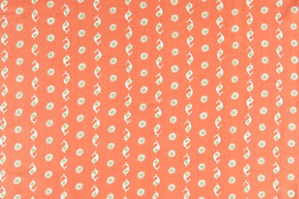 Casablanca geometric linen - Flame/Olive Green colorway repeat