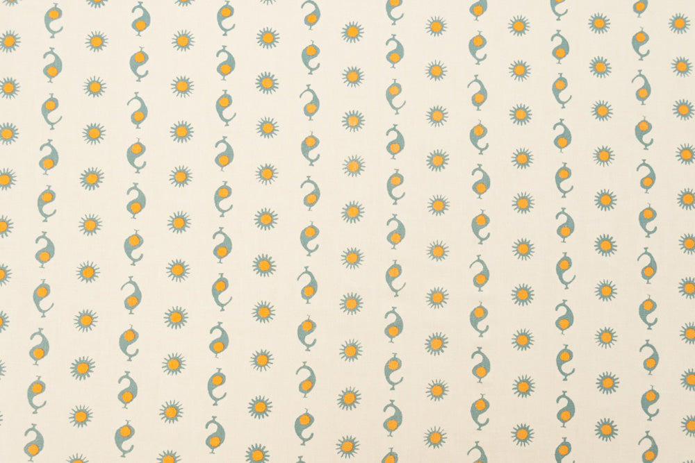 Casablanca Natural geometric linen - Natural/Sky/Mustard colorway repeat