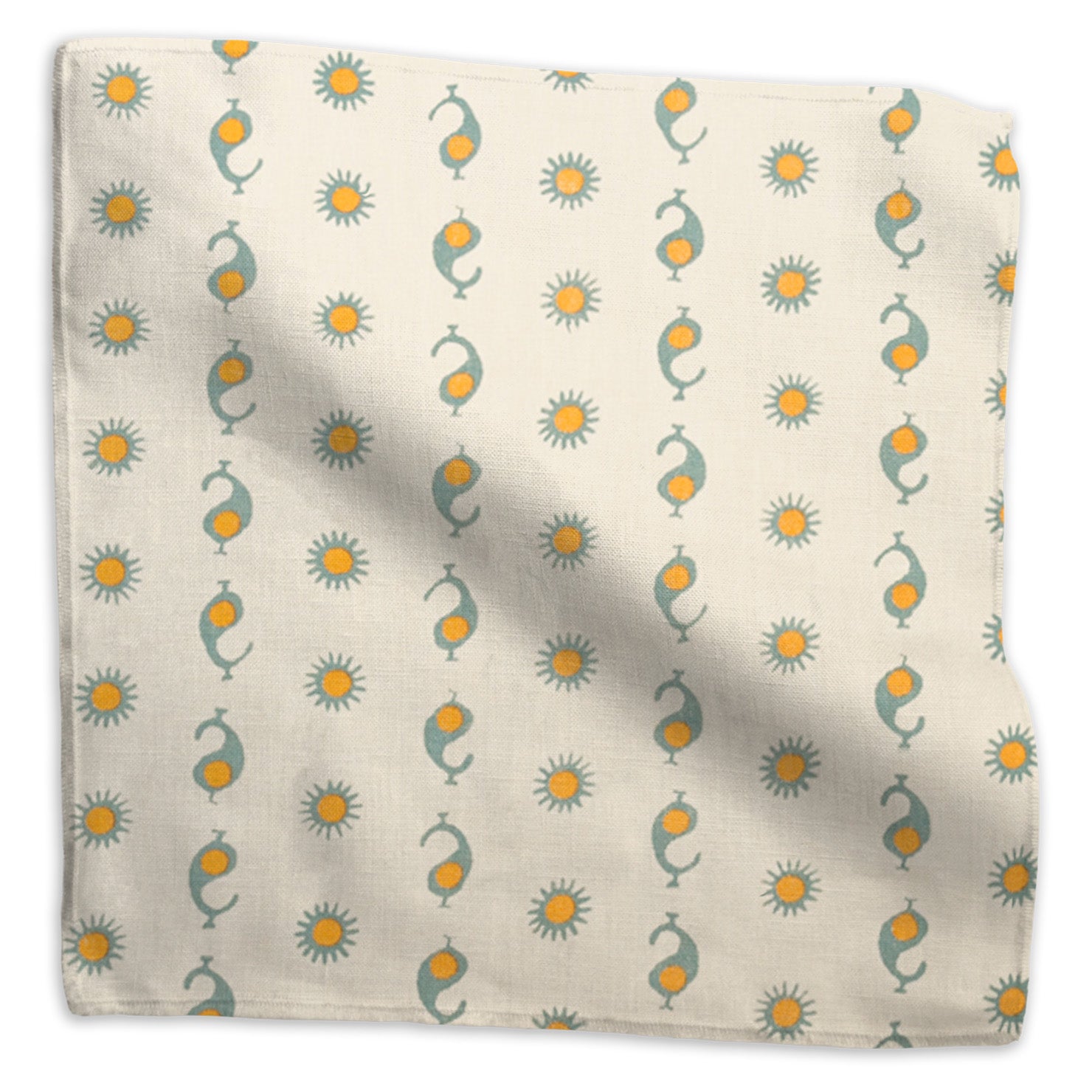 Casablanca Natural geometric linen - Natural/Sky/Mustard colorway swatch