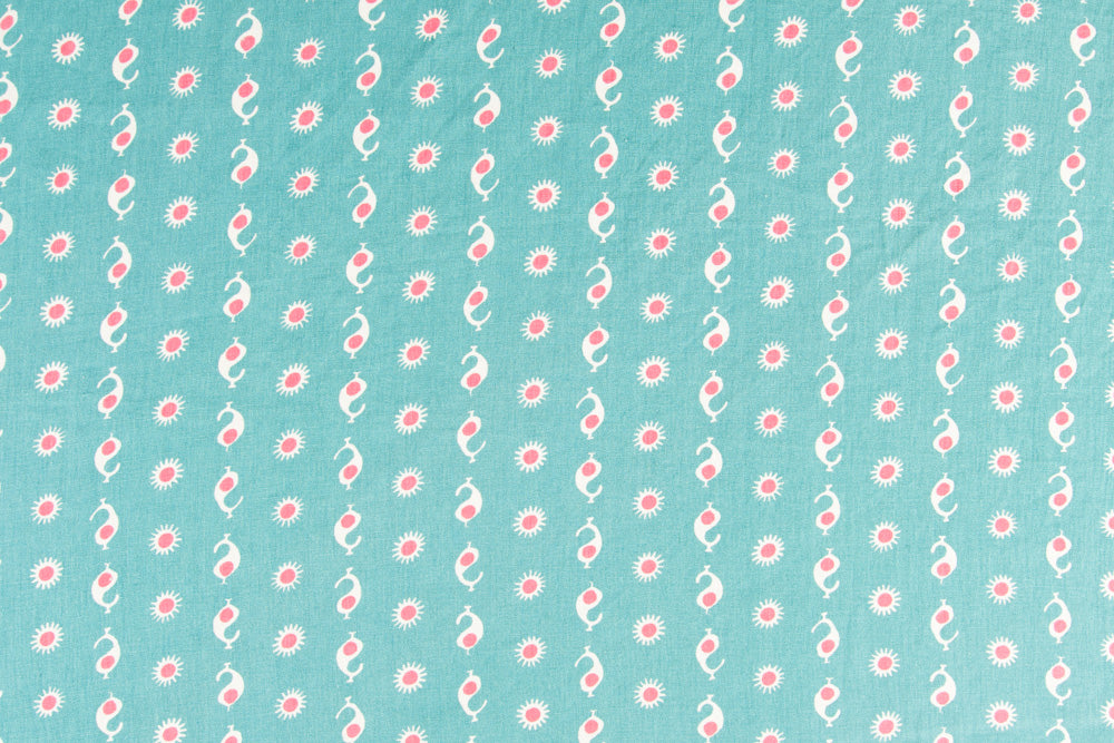 Casablanca geometric linen - Teal/Peony colorway repeat