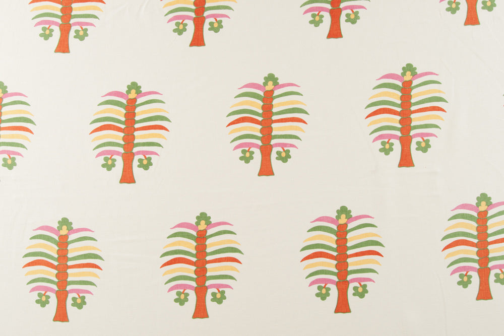 Fez Palm floral linen - Calypso Orange colorway repeat