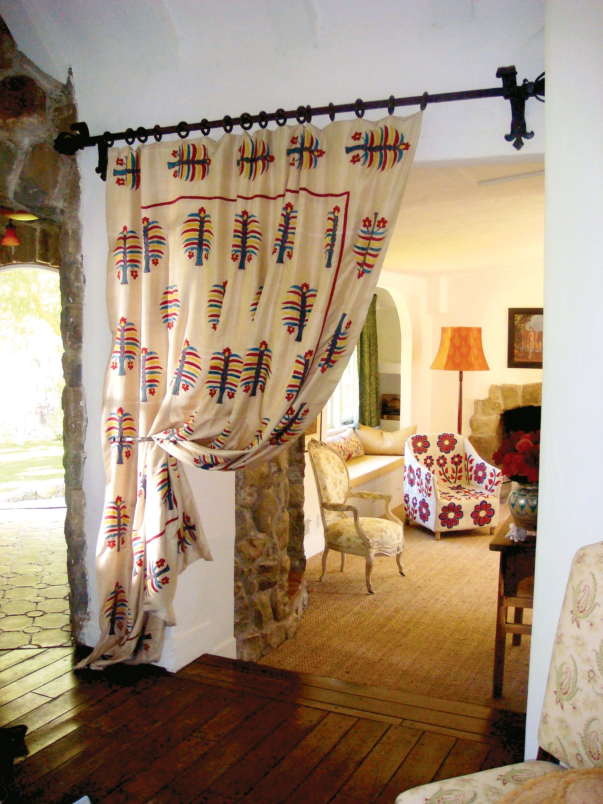 Fez Palm - Electric Blue curtains installed