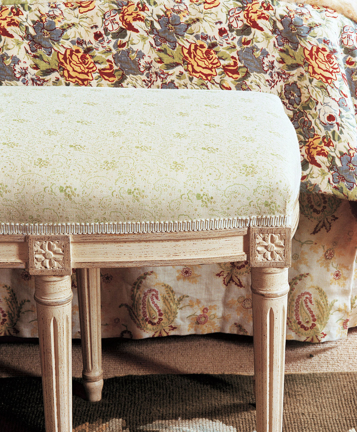 A bench in Floral Green fabric designed by Kathryn M. Ireland