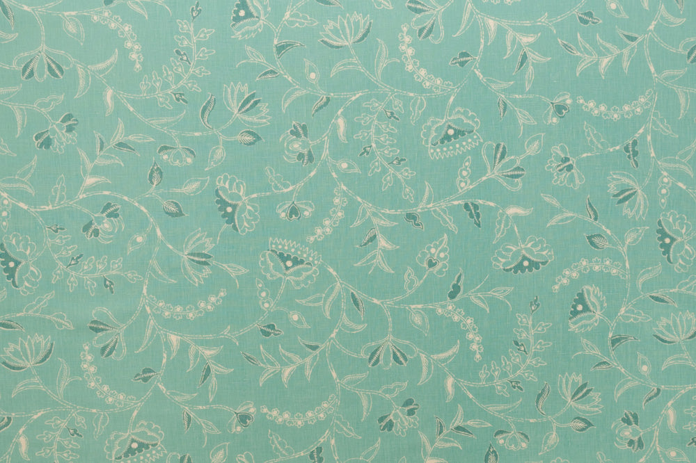 Greta floral linen - Turquoise colorway repeat