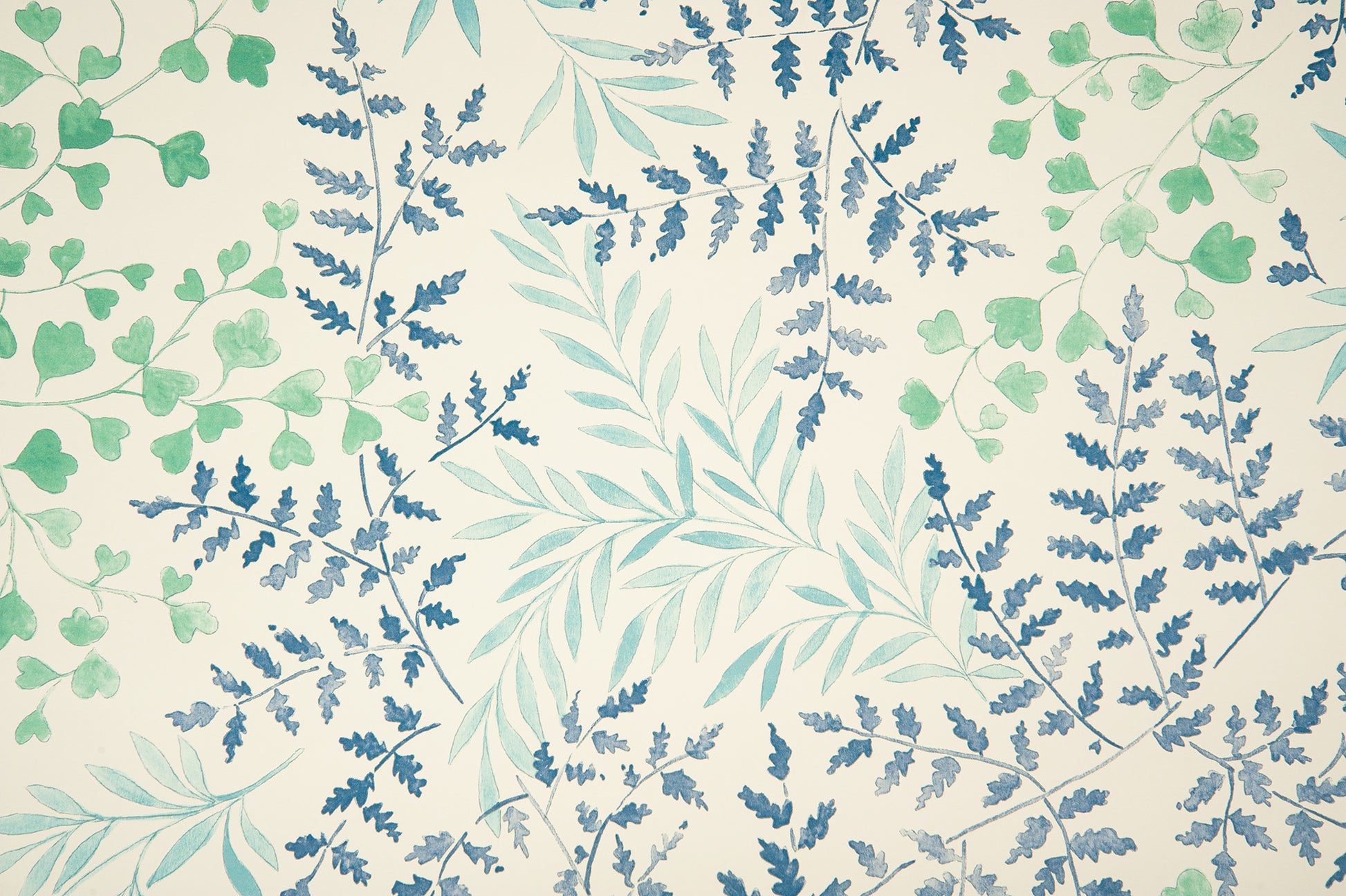 Leaves floral wallpaper - Blue/Green on Almost White colorway repeat