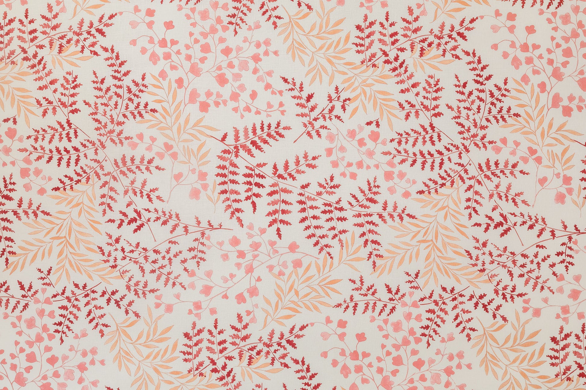 Leaves floral linen/cotton blend - Red/Ochre colorway repeat
