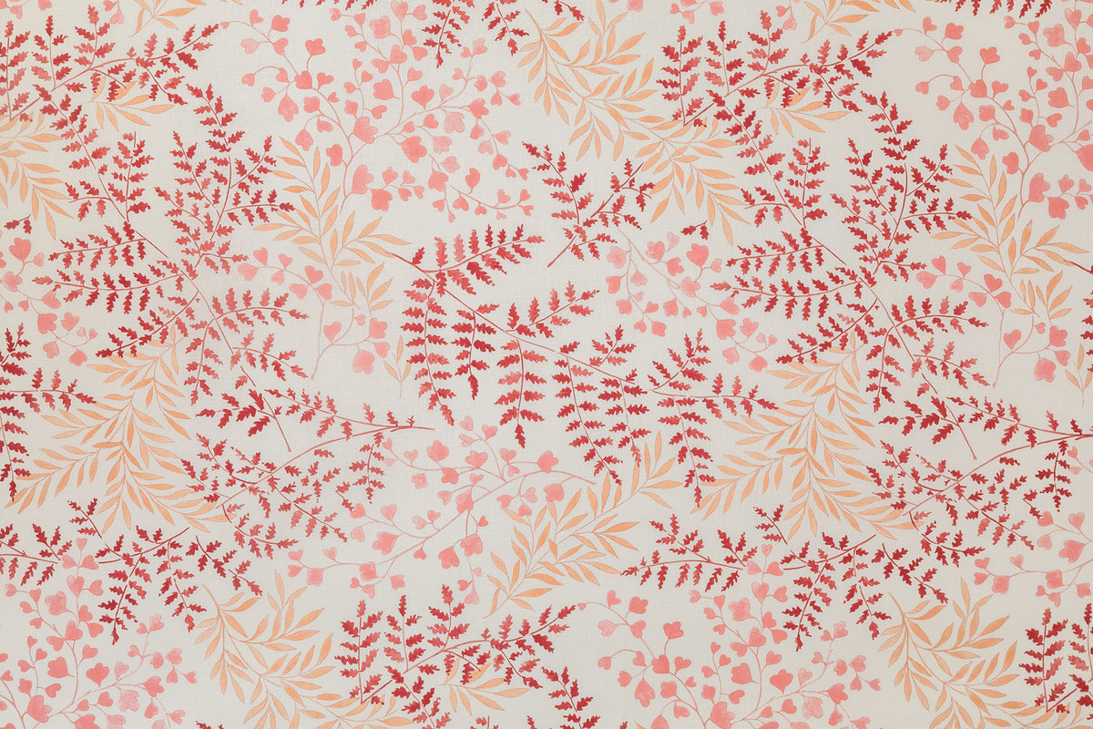 Leaves floral linen-cotton blend - Red on Ochre colorway repeat