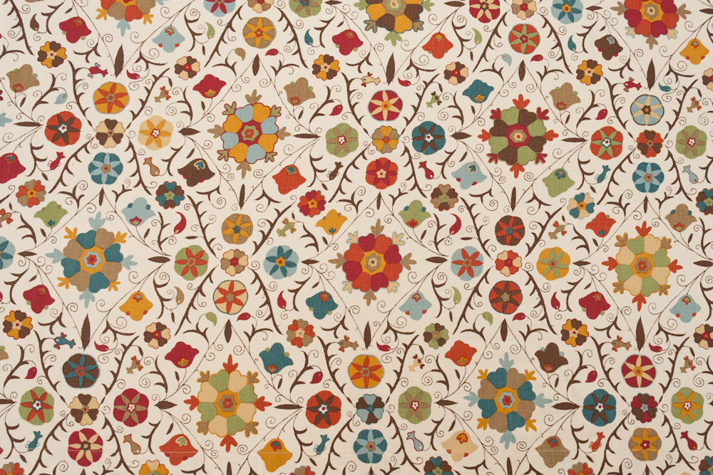 Safi Suzani geometric linen - Chocolate Cherry colorway repeat