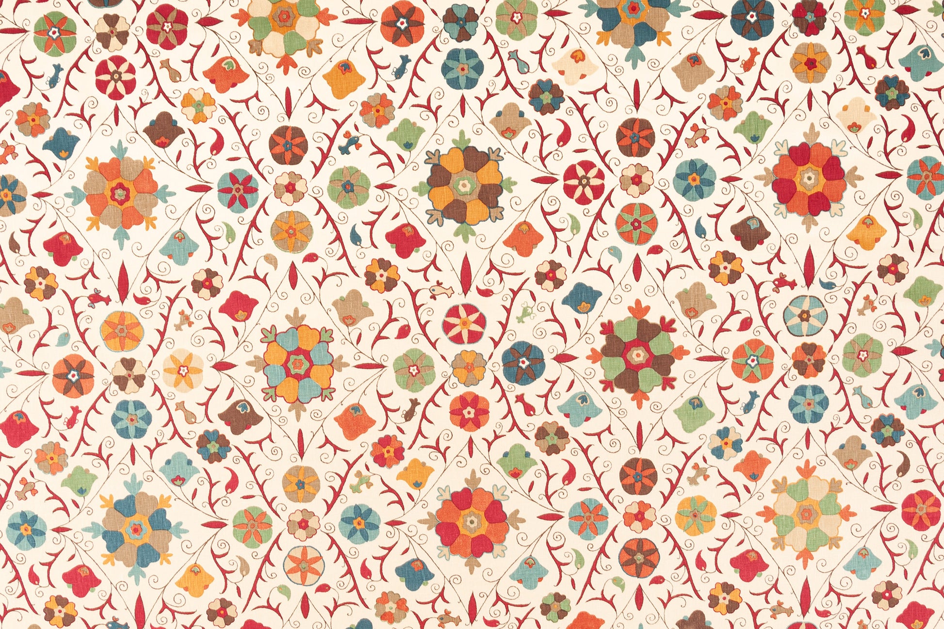 Safi Suzani geometric linen - Chocolate Cherry colorway repeat