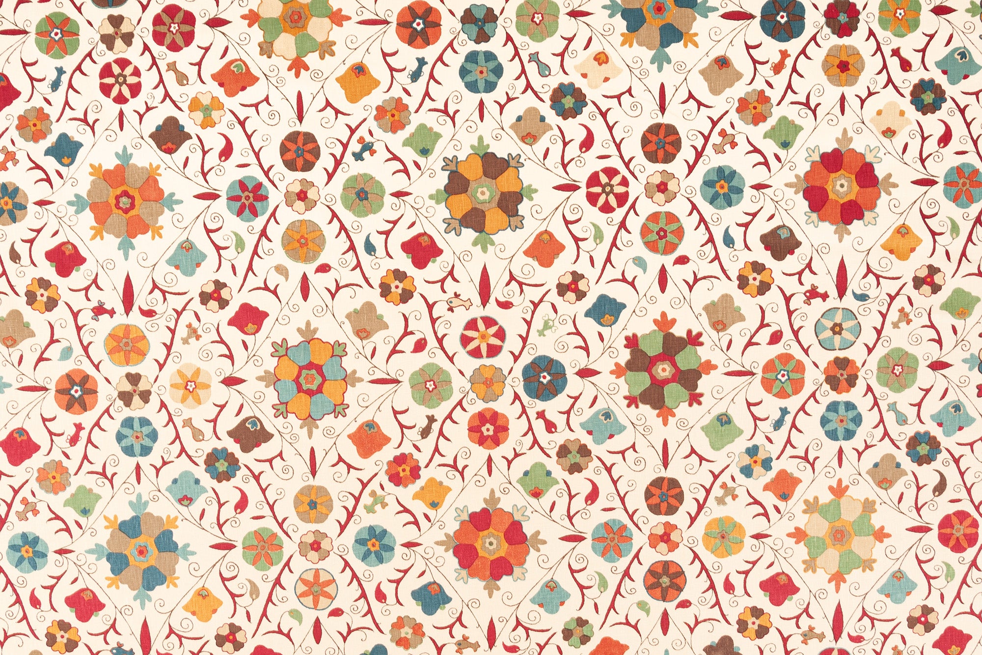 Safi Suzani geometric linen - Chocolate Cherry colorway repeat