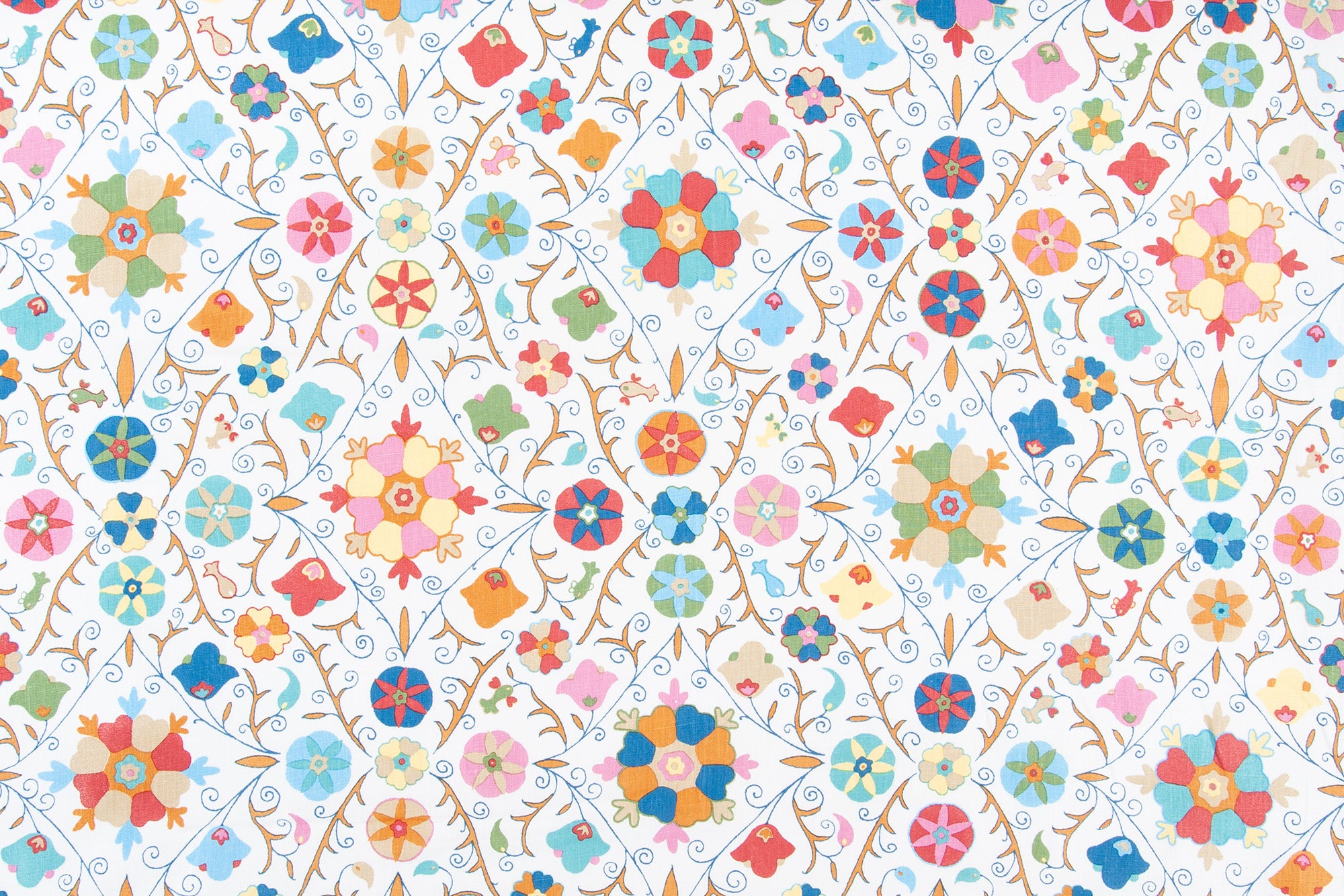 Safi Suzani geometric linen - Fiesta on White colorway repeat