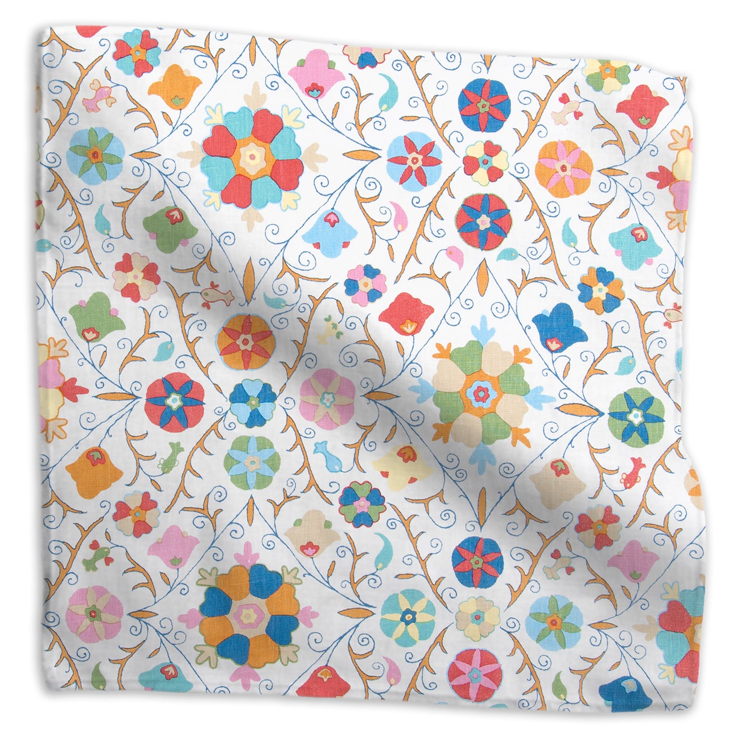 Safi Suzani geometric linen - Fiesta on White colorway swatch