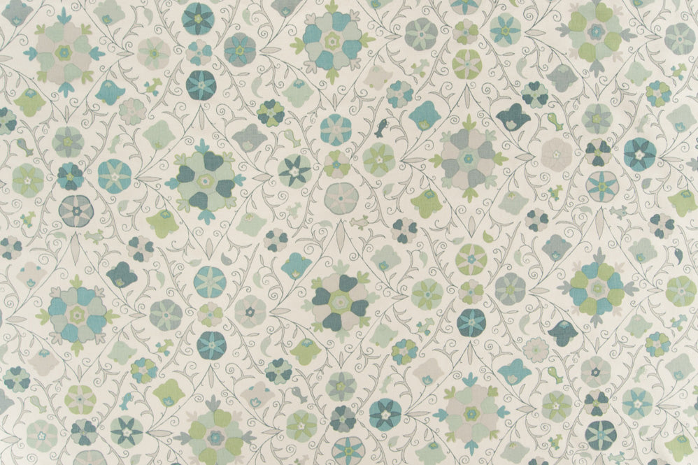 Safi Suzani geometric linen - Sky Blue colorway repeat