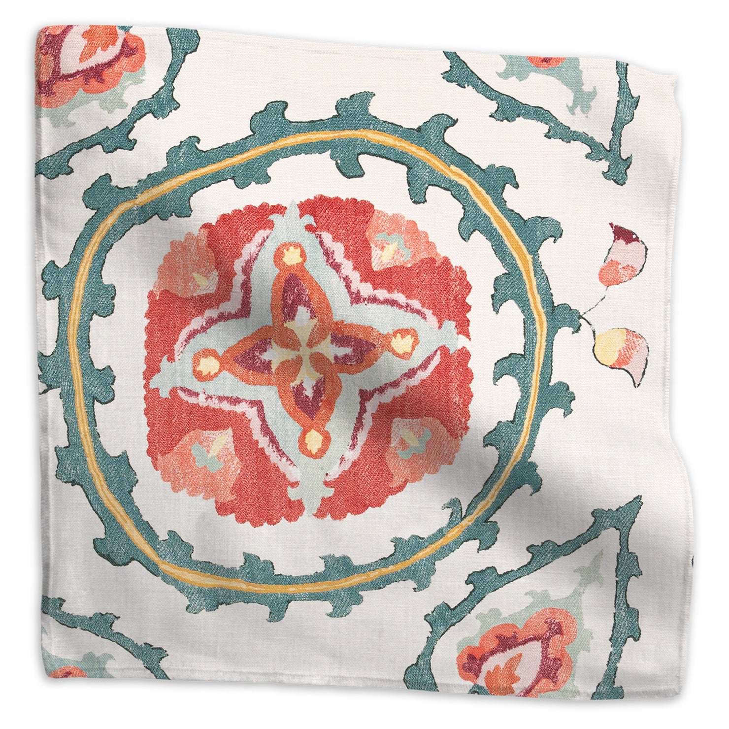 Sultan Suzani floral linen - Orange colorway swatch