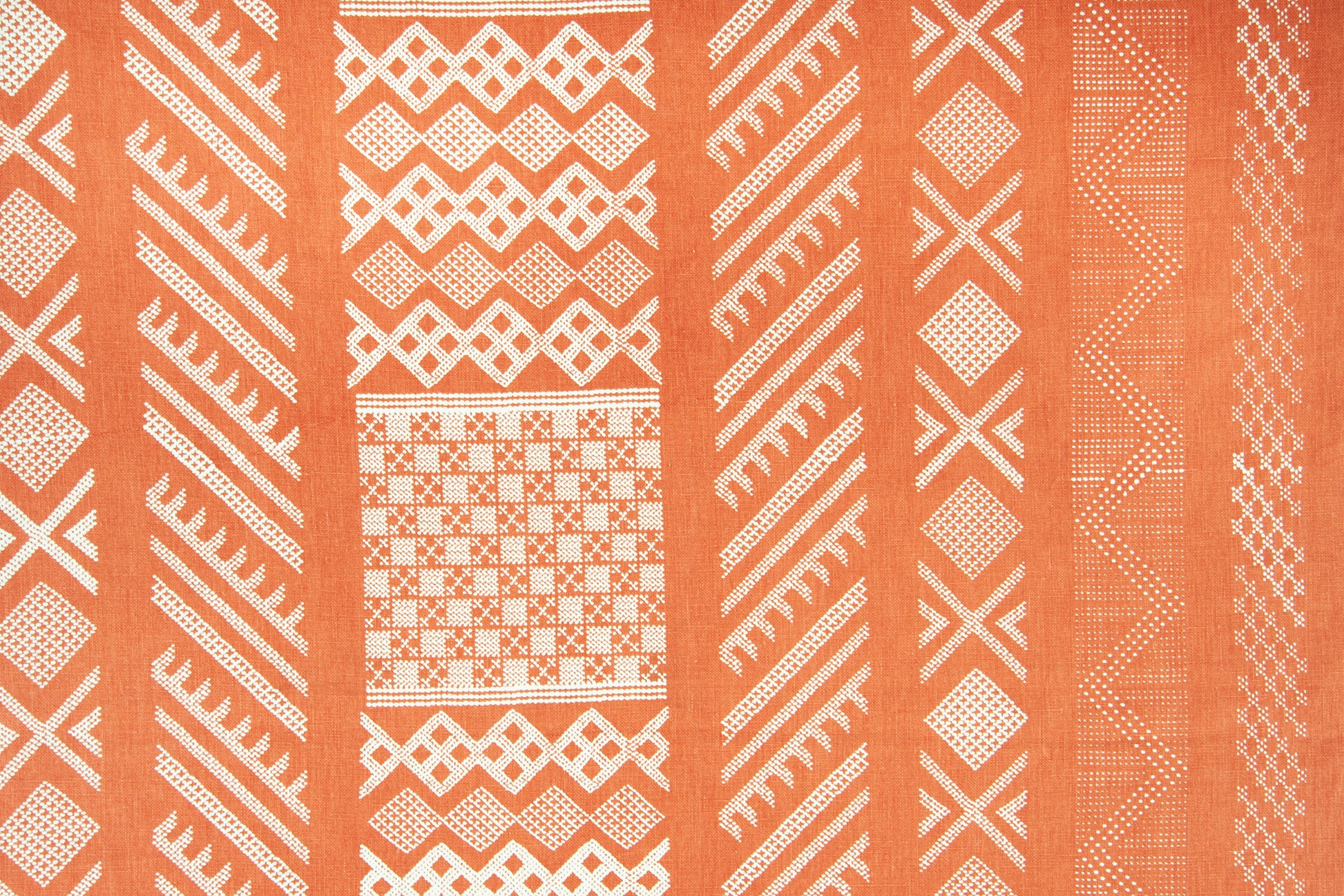 Tangier Natural geometric linen - Flame/Natural colorway repeat