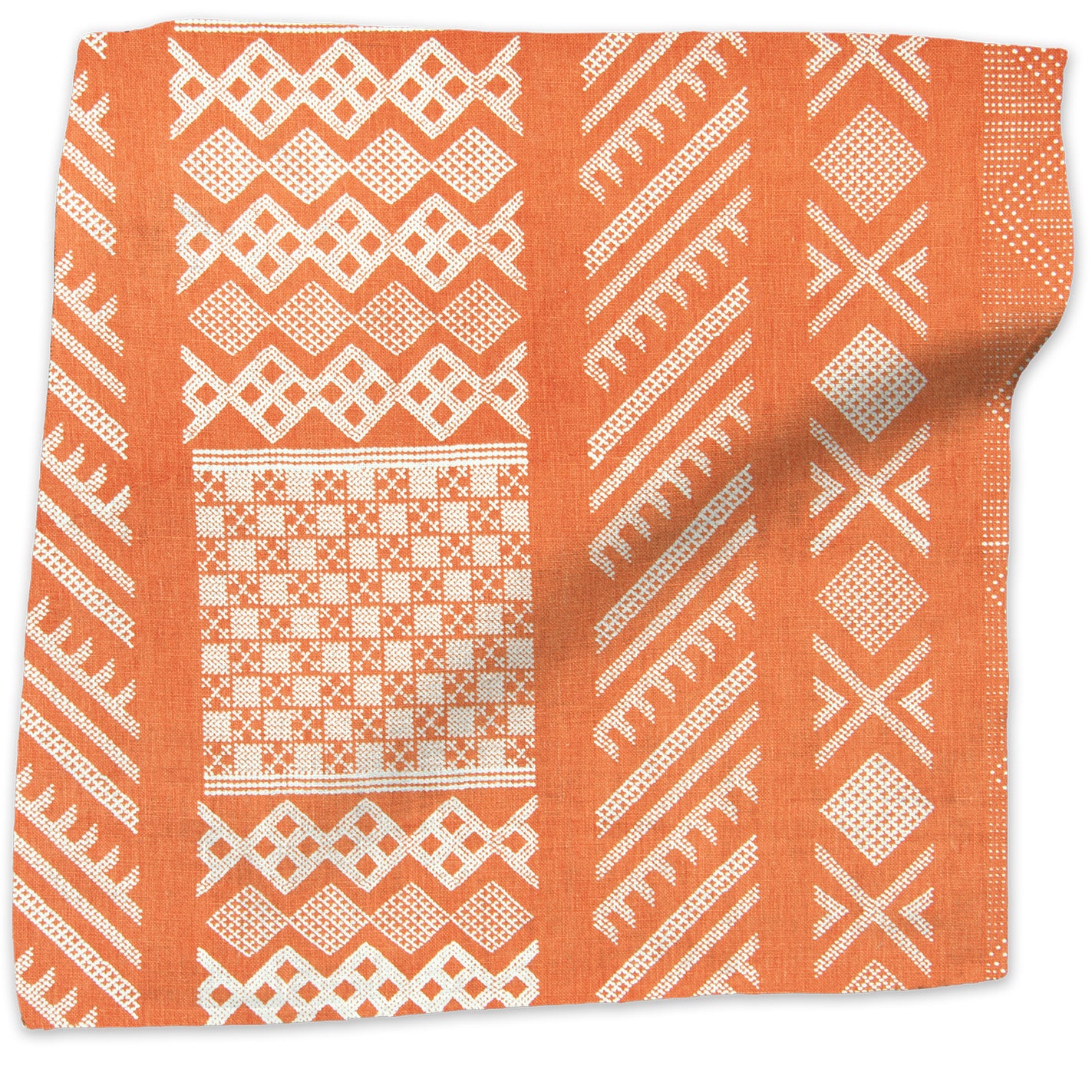 Tangier Natural geometric linen - Flame/Natural colorway swatch