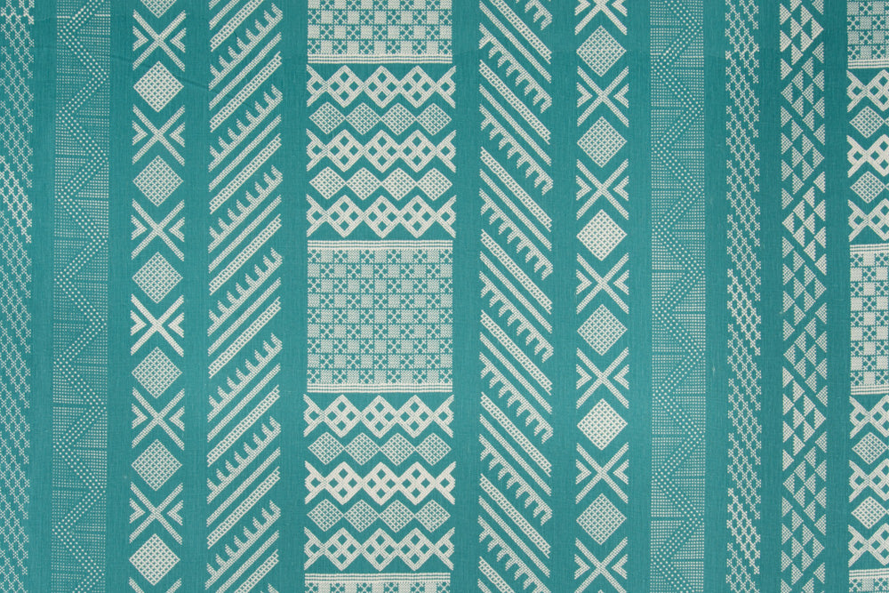 Tangier Natural geometric linen - Teal/Natural colorway repeat