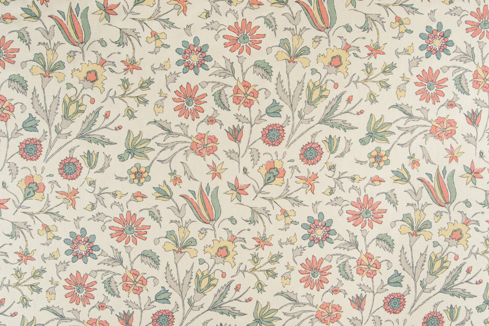 Tatiana floral linen - Coral/Blue/Yellow colorway repeat