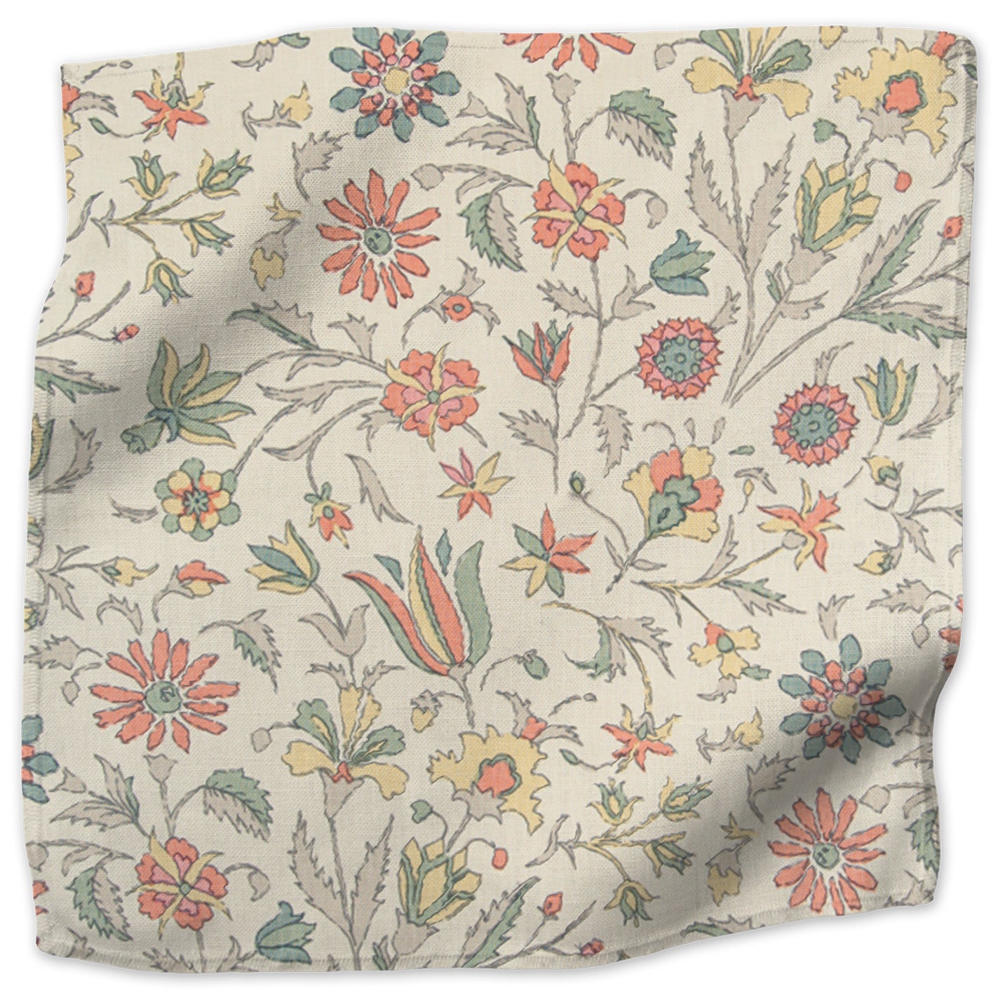Tatiana floral linen - Coral/Blue/Yellow colorway swatch