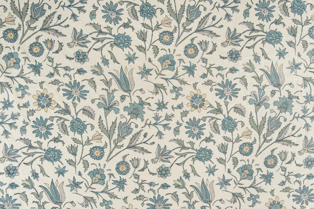 Tatiana floral linen - Indigo/Slate/Yellow colorway repeat