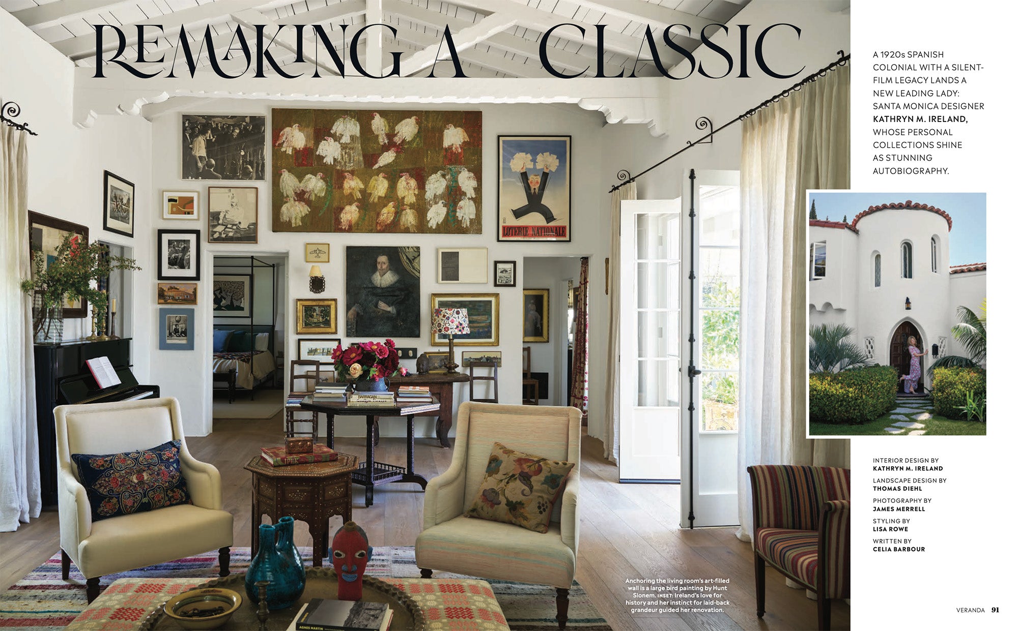 An opening spread in Veranda magazine featuring the living room of Kathryn M. Ireland's Santa Monica home.