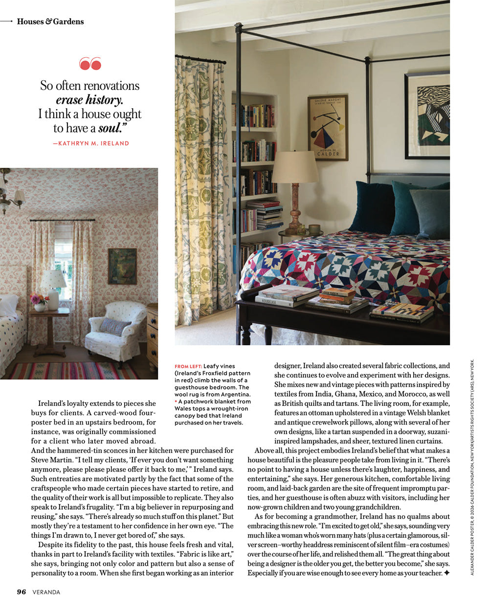 A page in Veranda magazine featuring two bedrooms of Kathryn M. Ireland's Santa Monica home.
